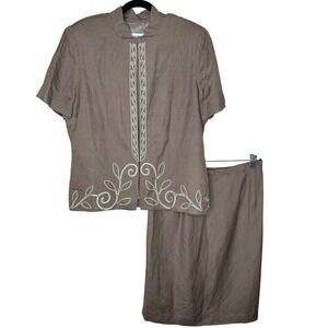 Plaza South 90s 2 Piece Linen Rayon Embroidered Skirt‎ Suit Short Sleeve Size 16